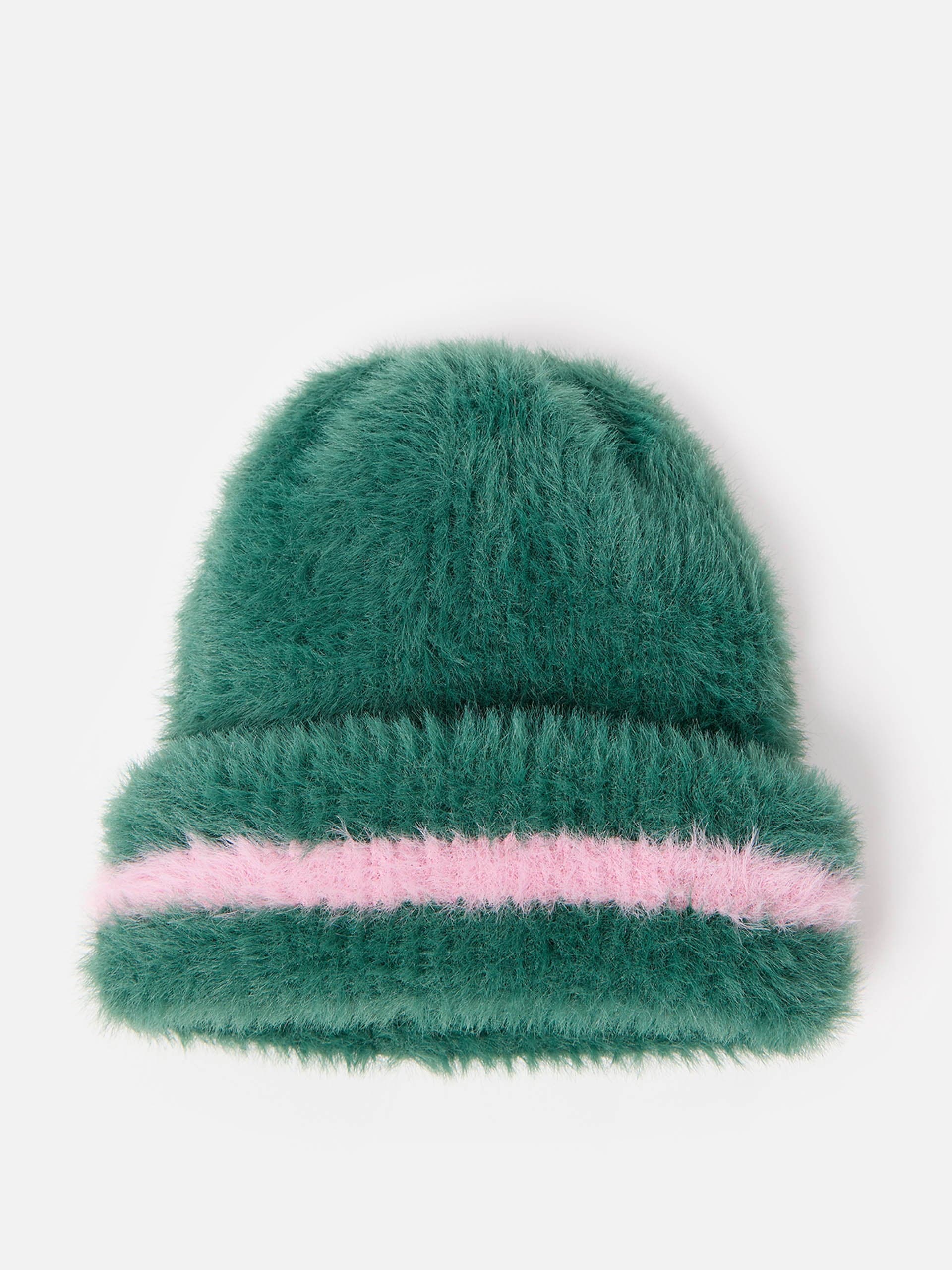 Green stripe fluffy knitted beanie hat