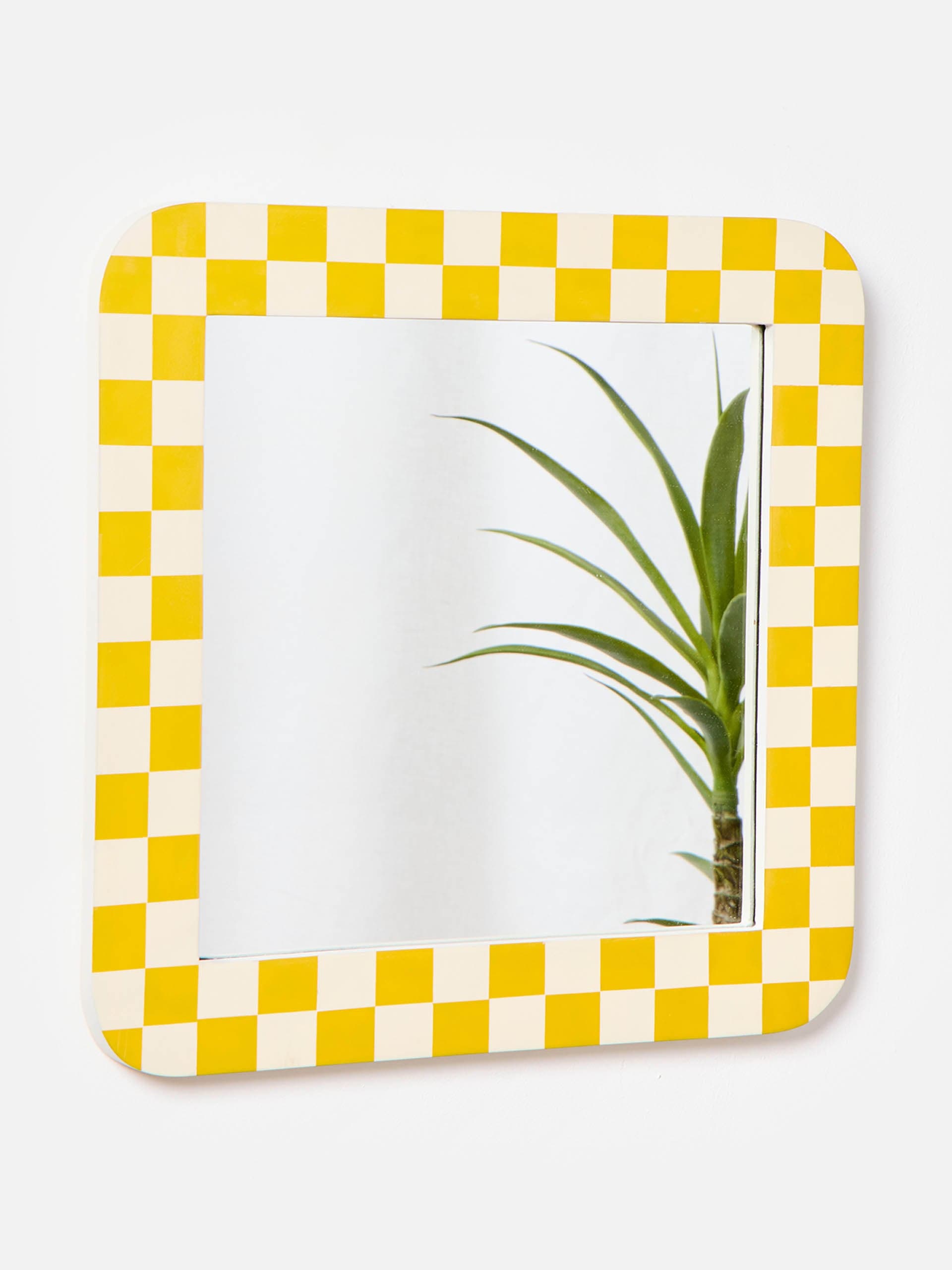 Chequerboard yellow and cream resin square wall mirror