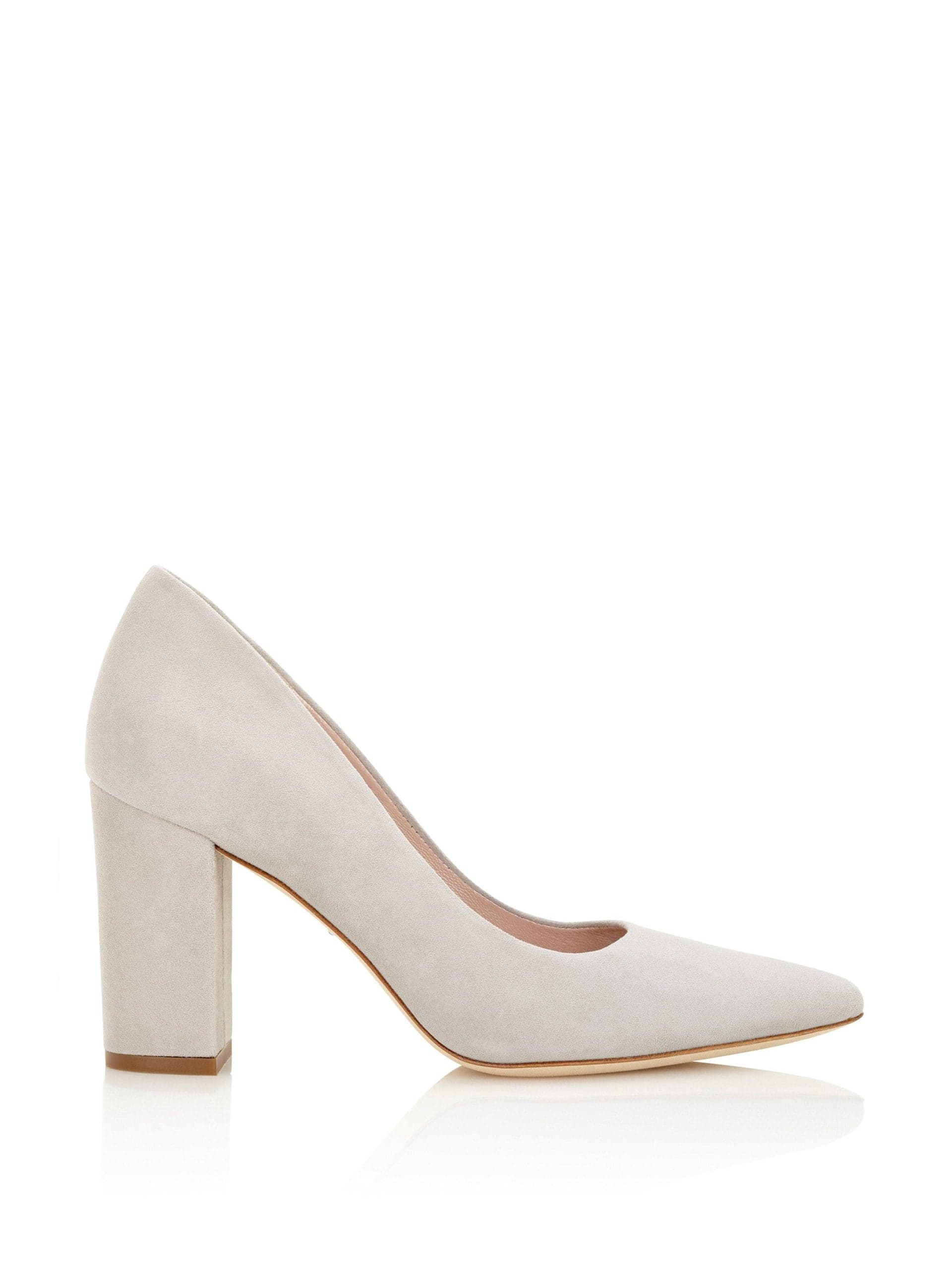 Grey block heel court shoes