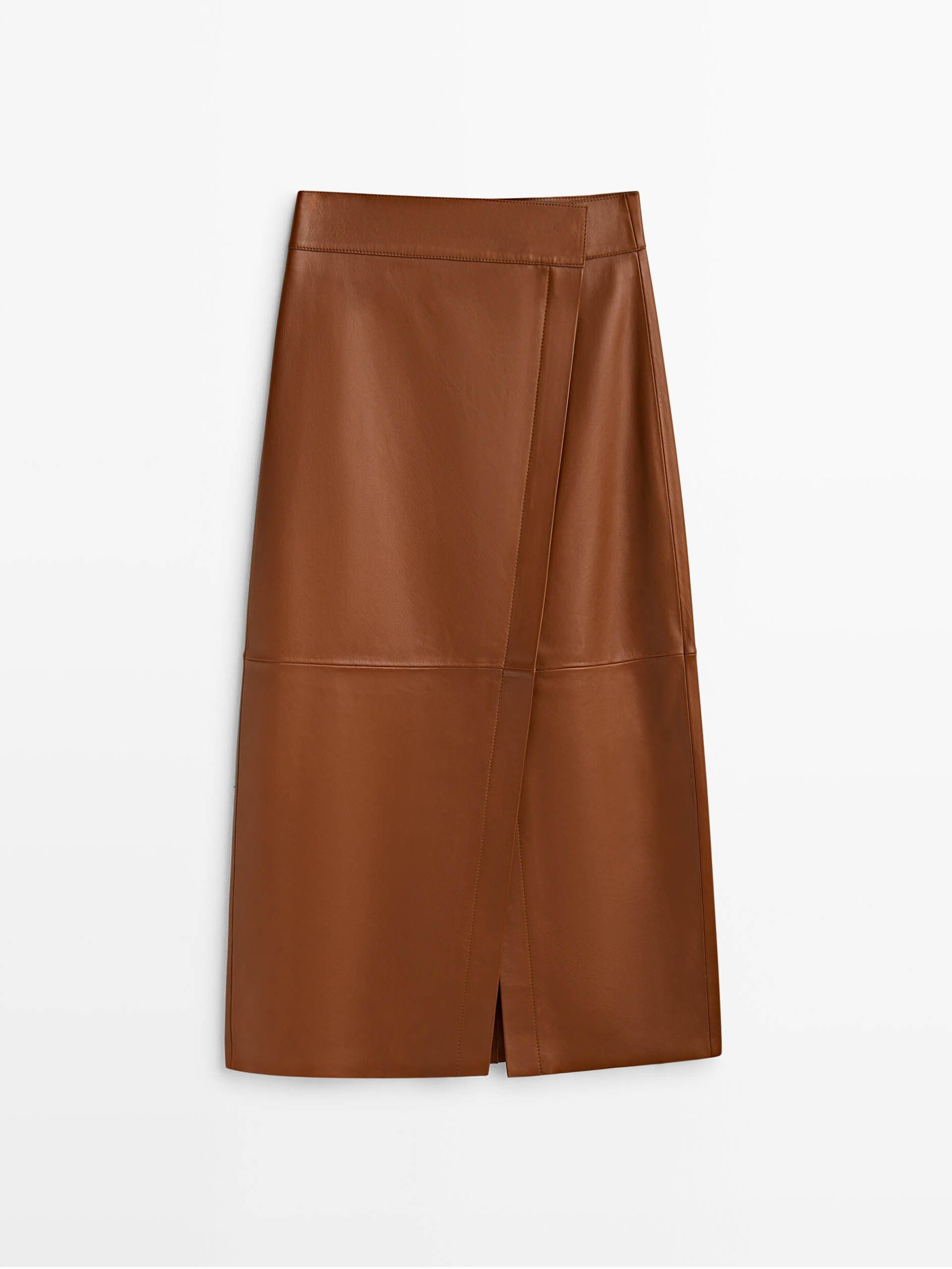 Brown leather midi pencil skirt