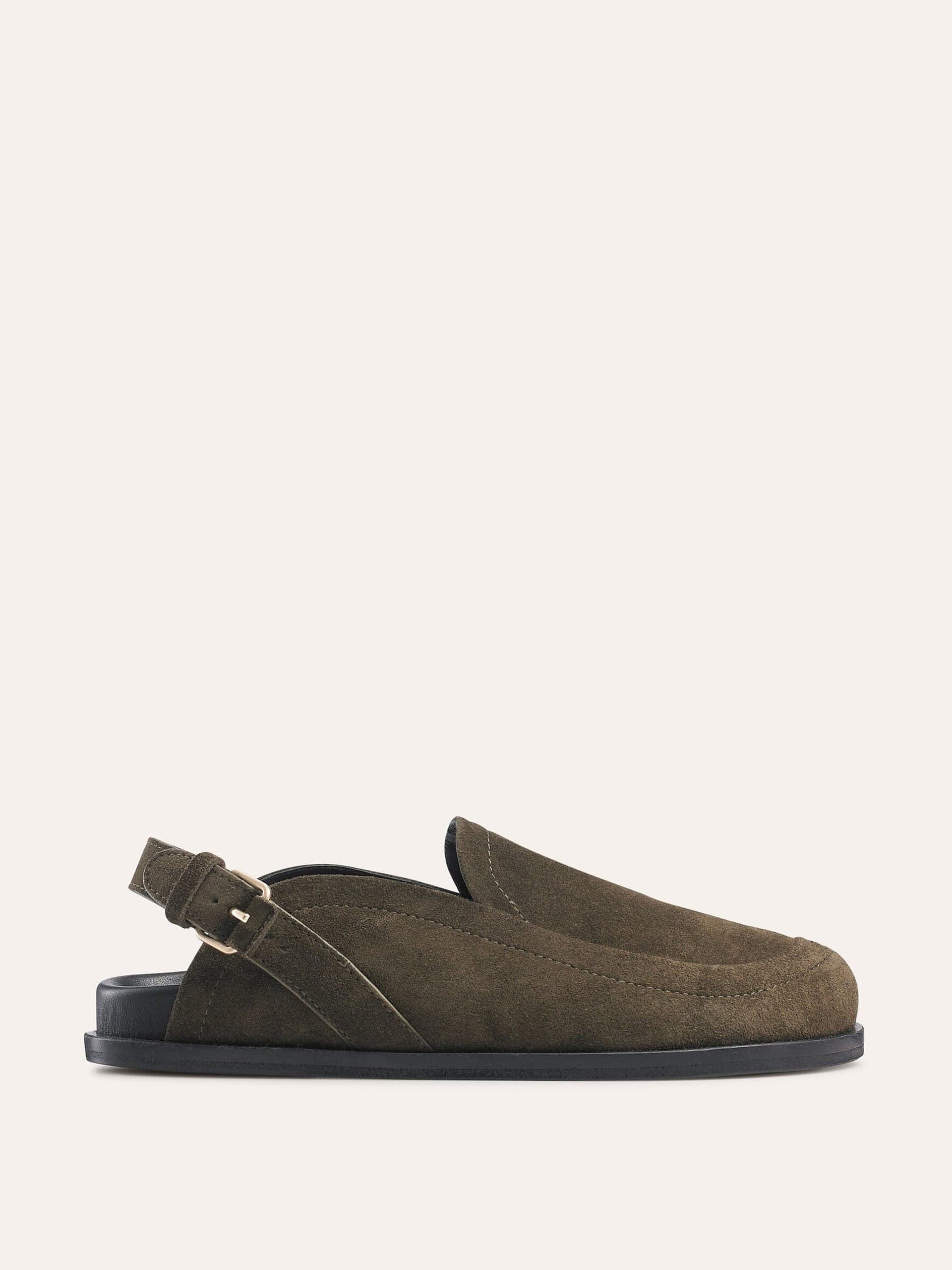 Khaki suede clogs