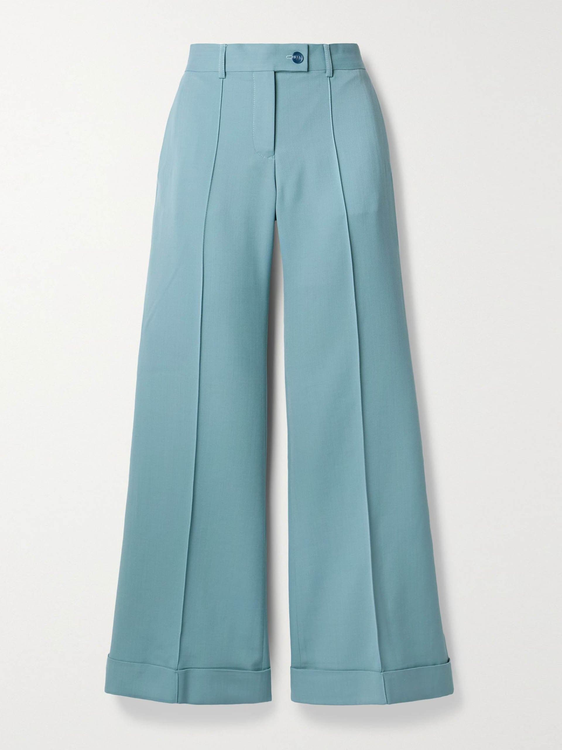 Blue pintucked flared trousers