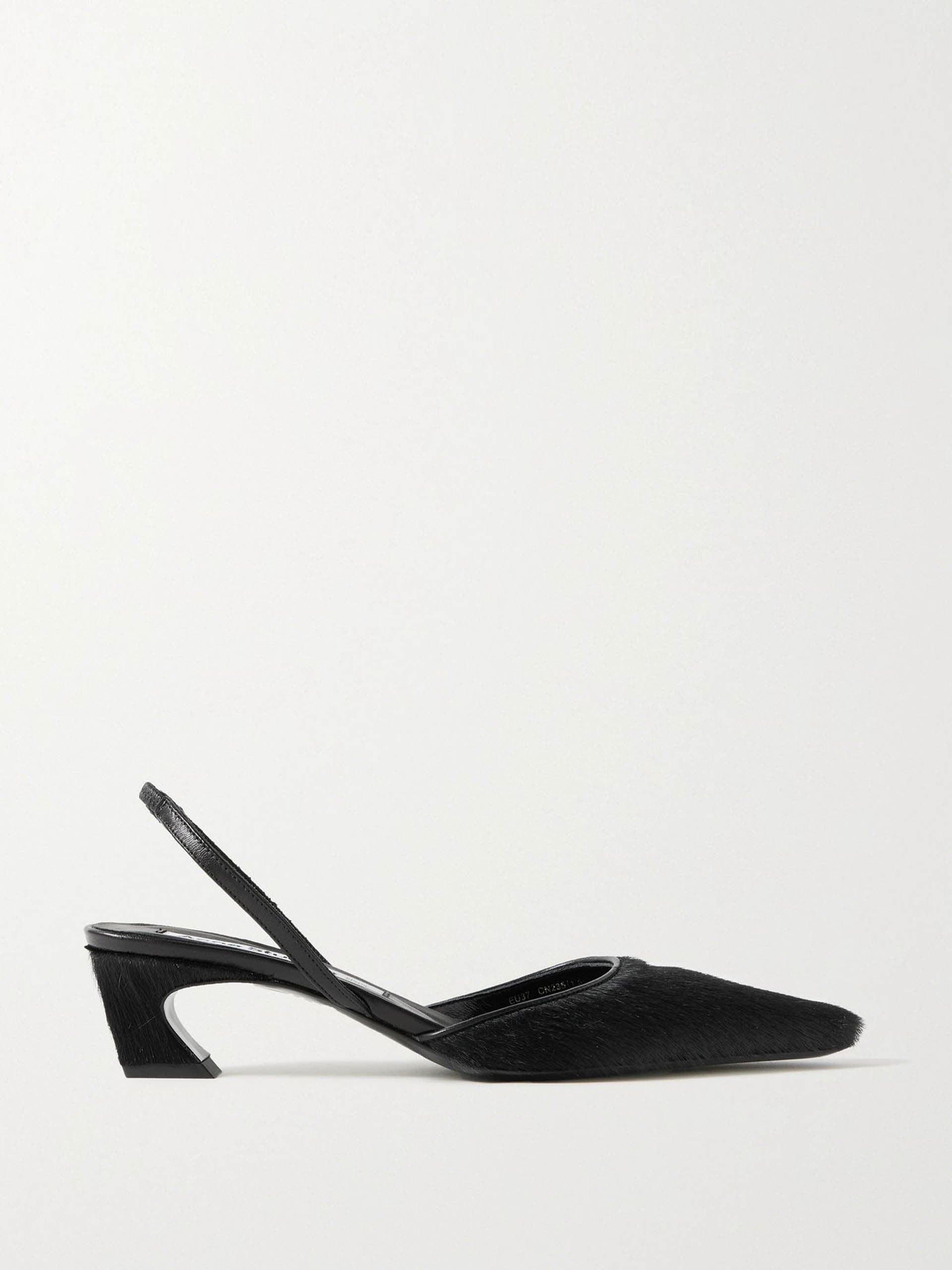 Black leather-trimmed calf hair slingback pumps