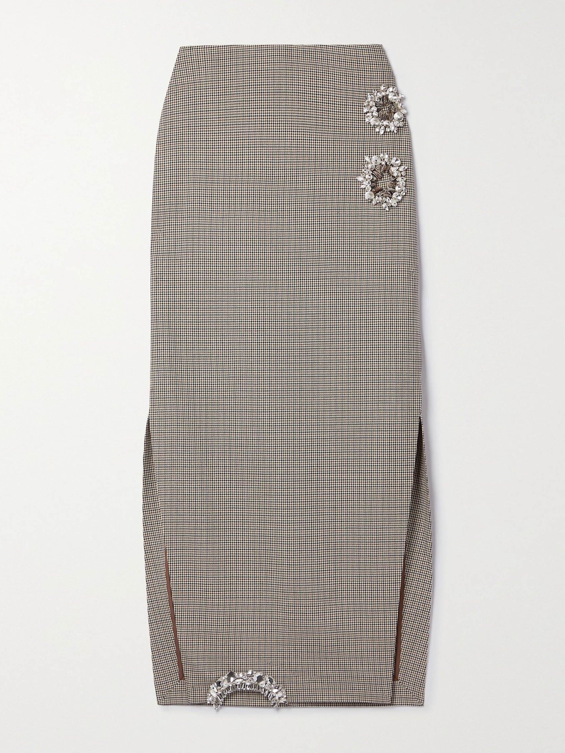 Brown crystal-embellished cutout houndstooth wool midi skirt