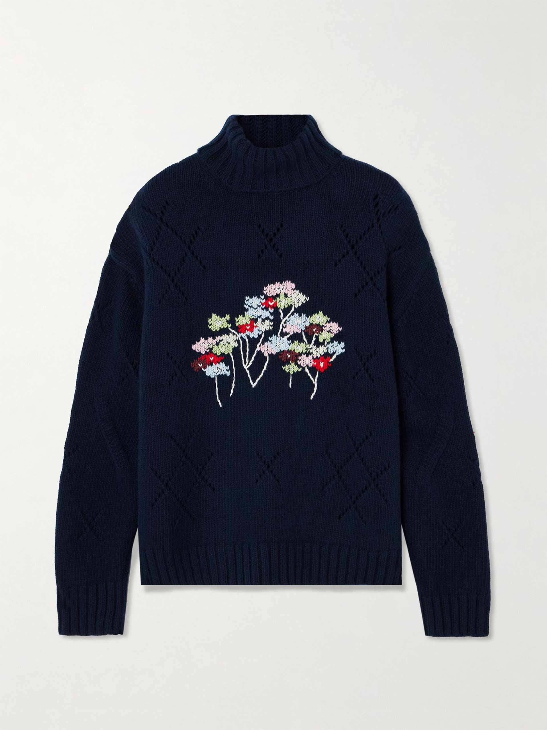 Sharon embroidered pointelle-knit wool-blend turtleneck sweater