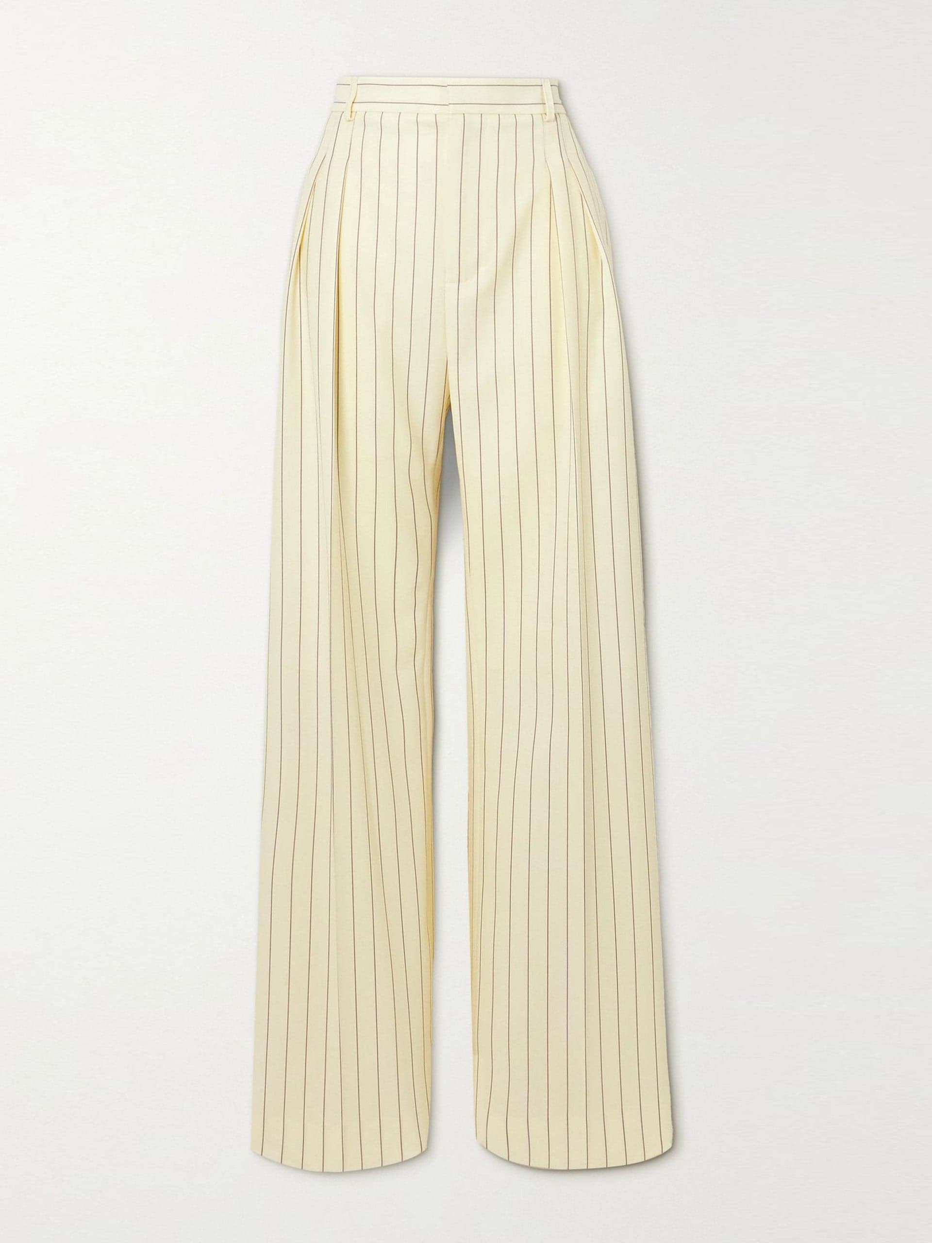 Pleated lace-up striped twill wide-leg pants