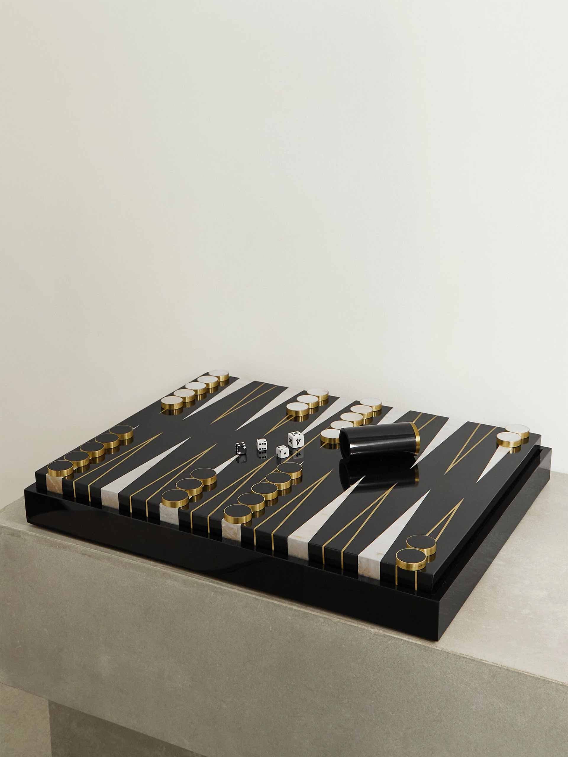 Ebony, marble, brass and shell backgammon set