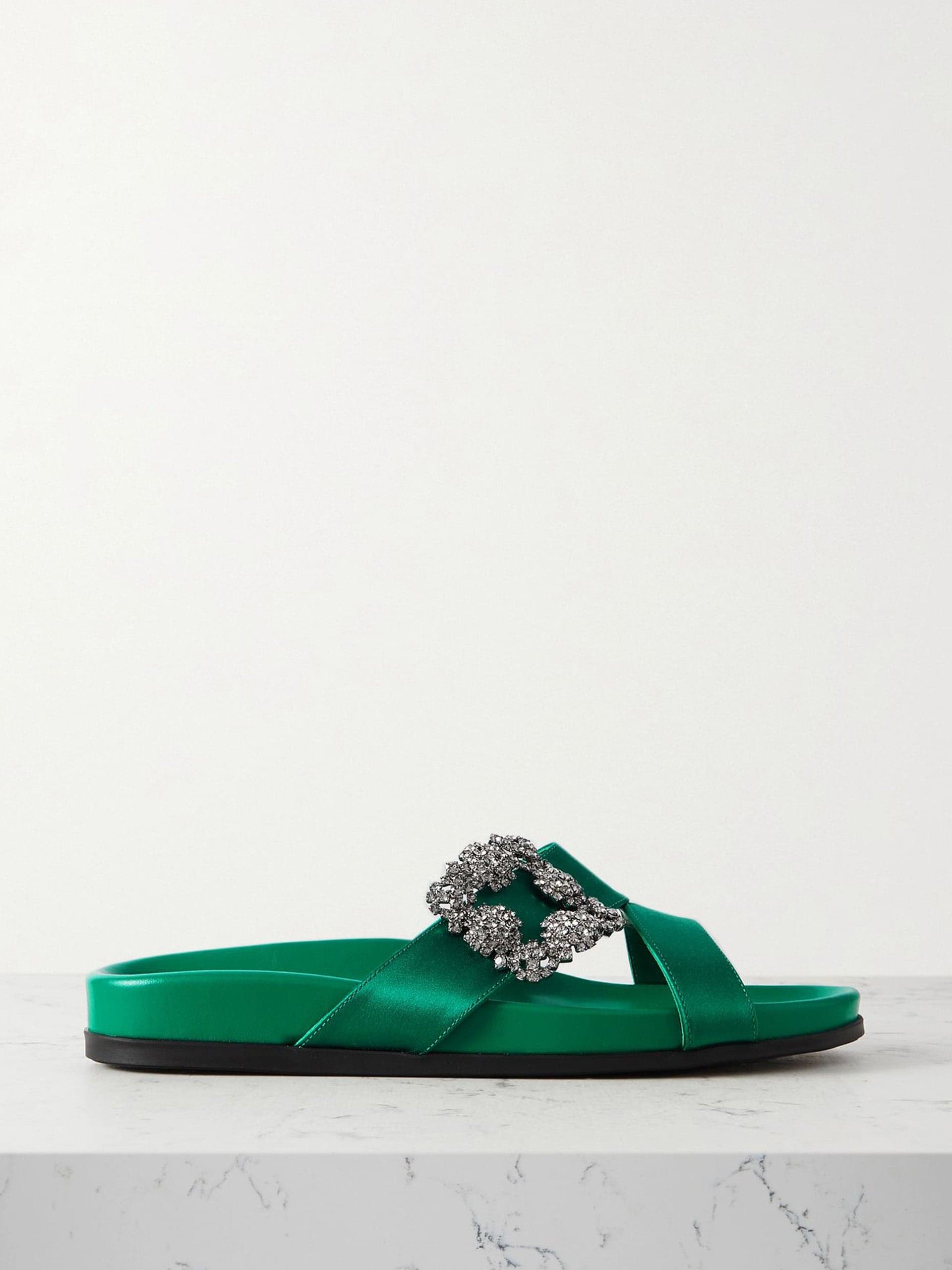 Emerald buckled satin slides