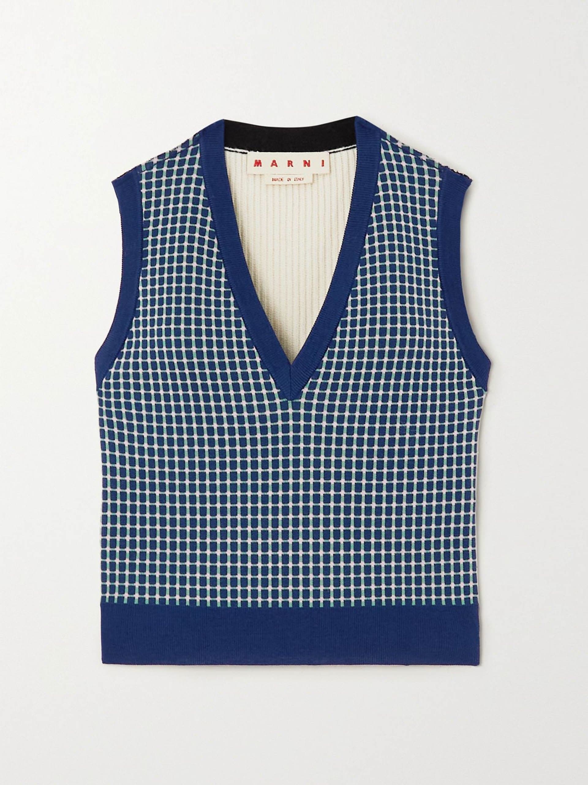 Blue panelled checked wool-blend jacquard and ribbed-knit sweater