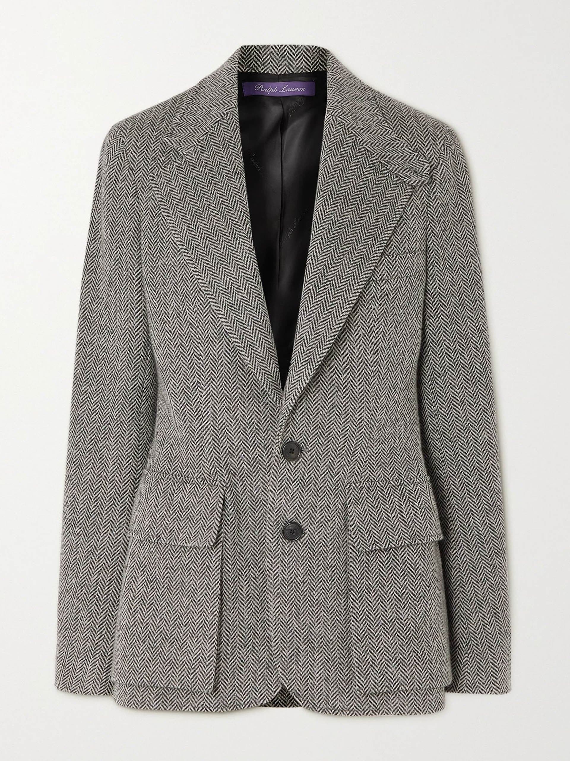 Grey leather-trimmed herringbone wool-blend tweed blazer