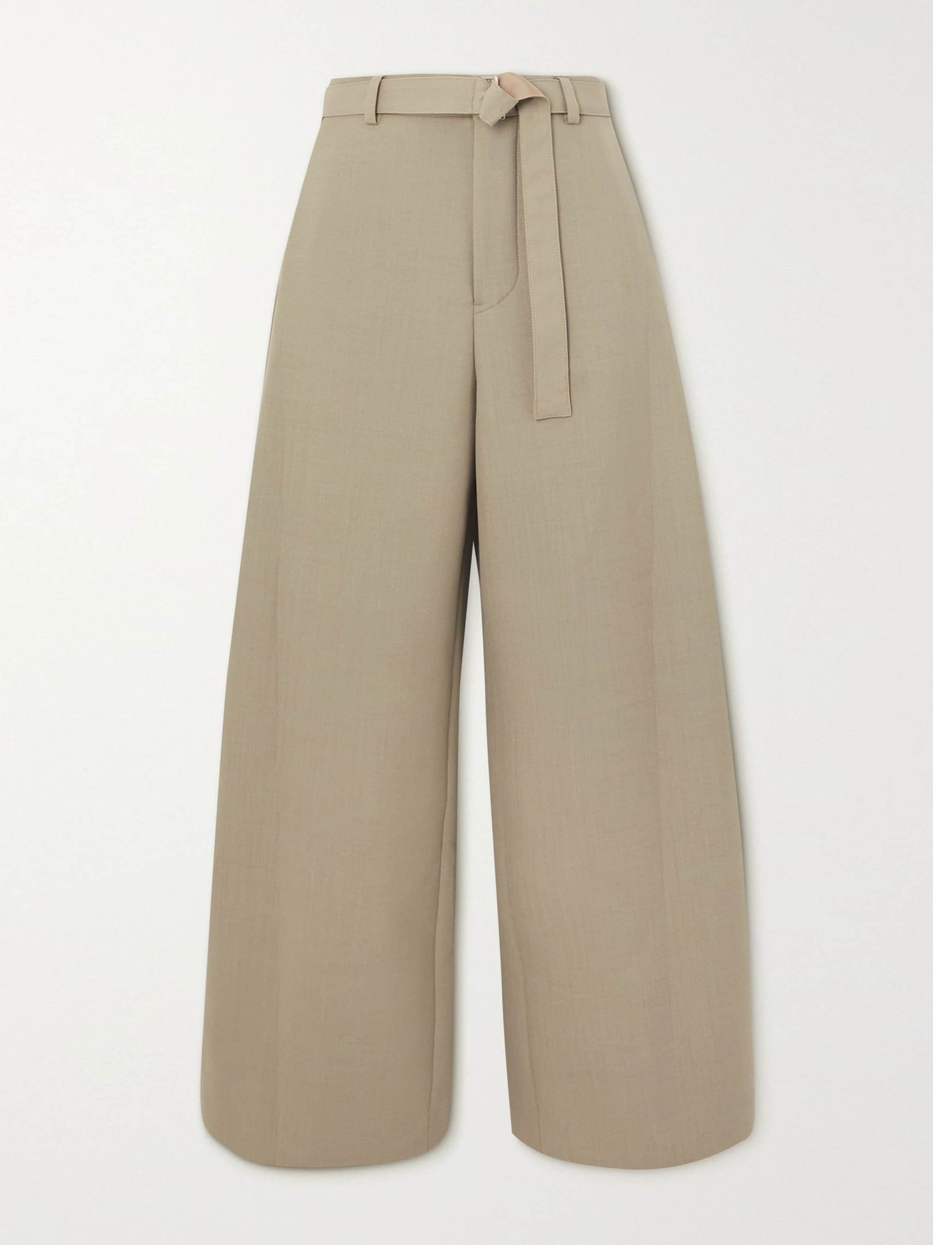 Beige belted, satin-trimmed wide-leg pants