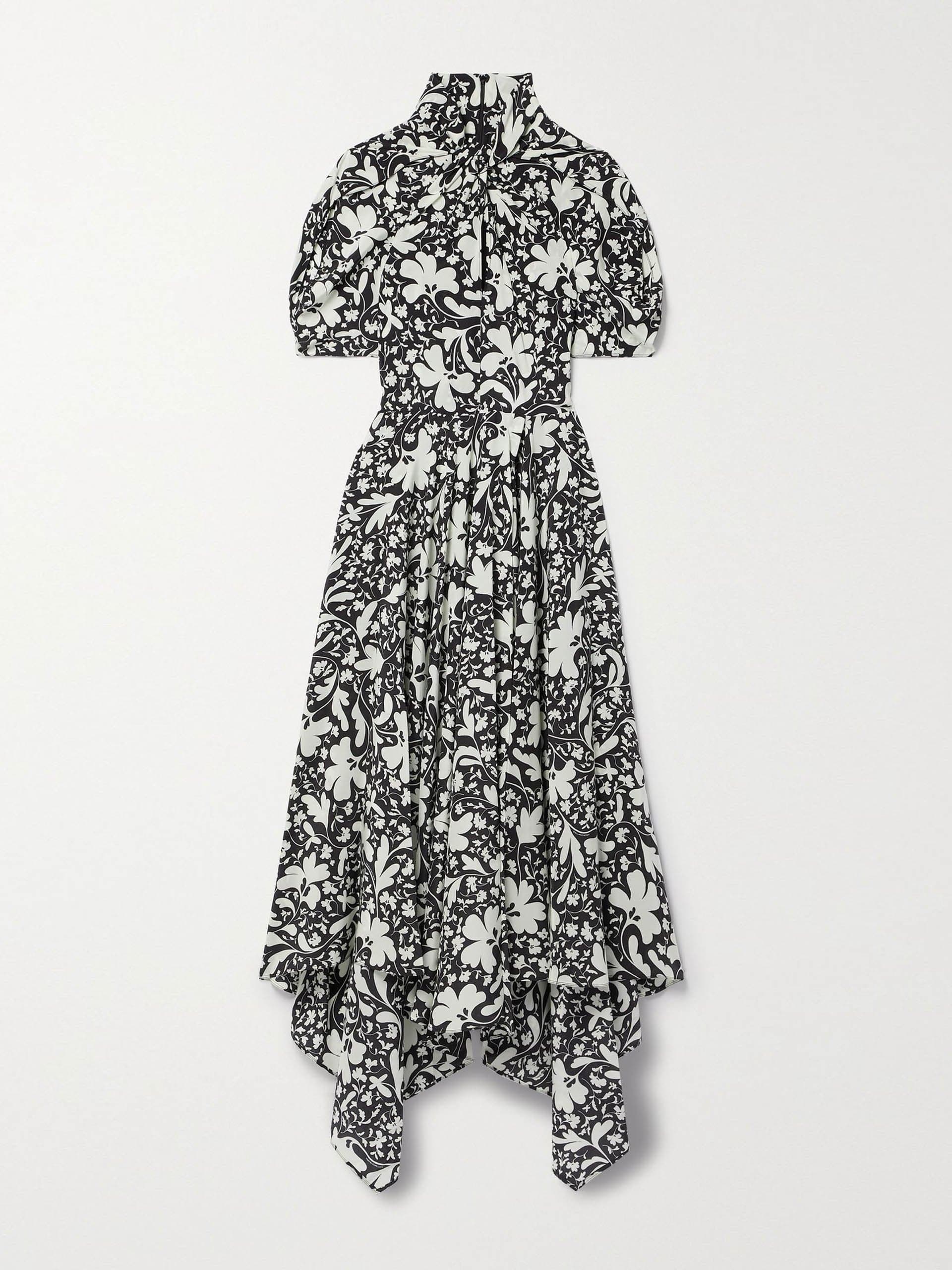 Black printed asymmetric draped floral-print silk dress