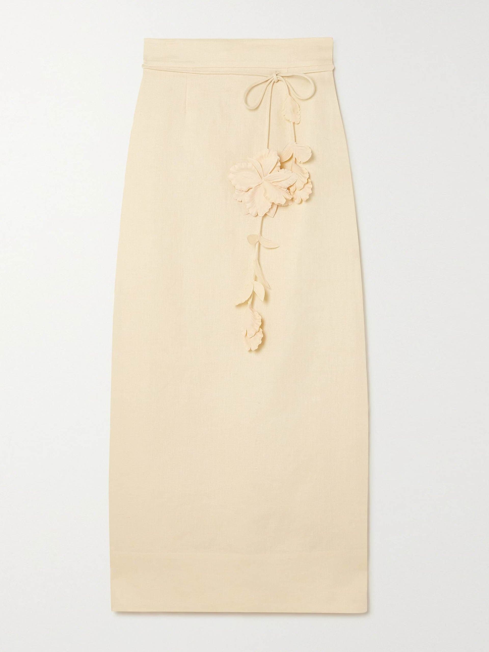 Cream belted appliquéd linen midi skirt