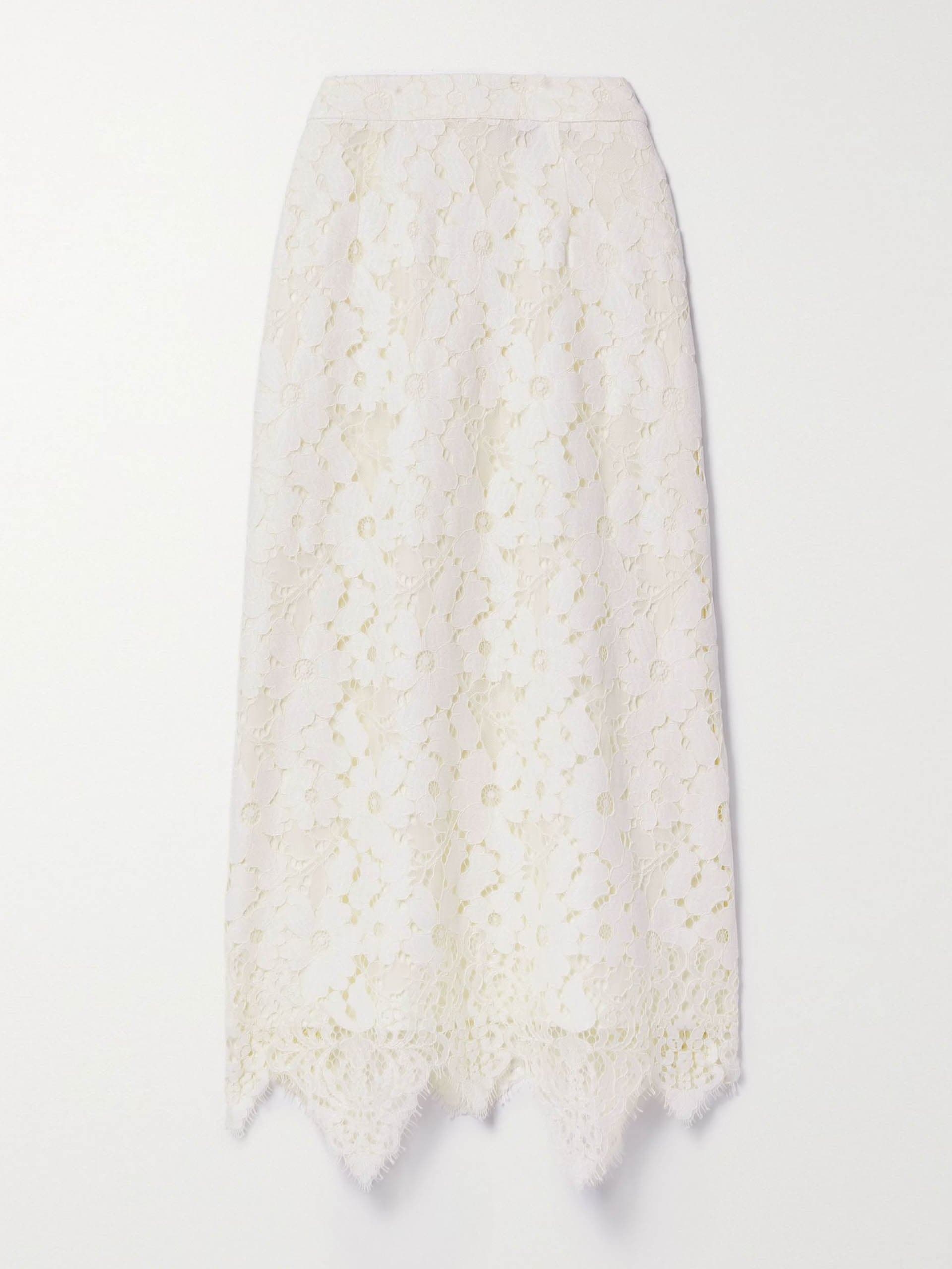 White cotton-blend corded guipure lace midi skirt