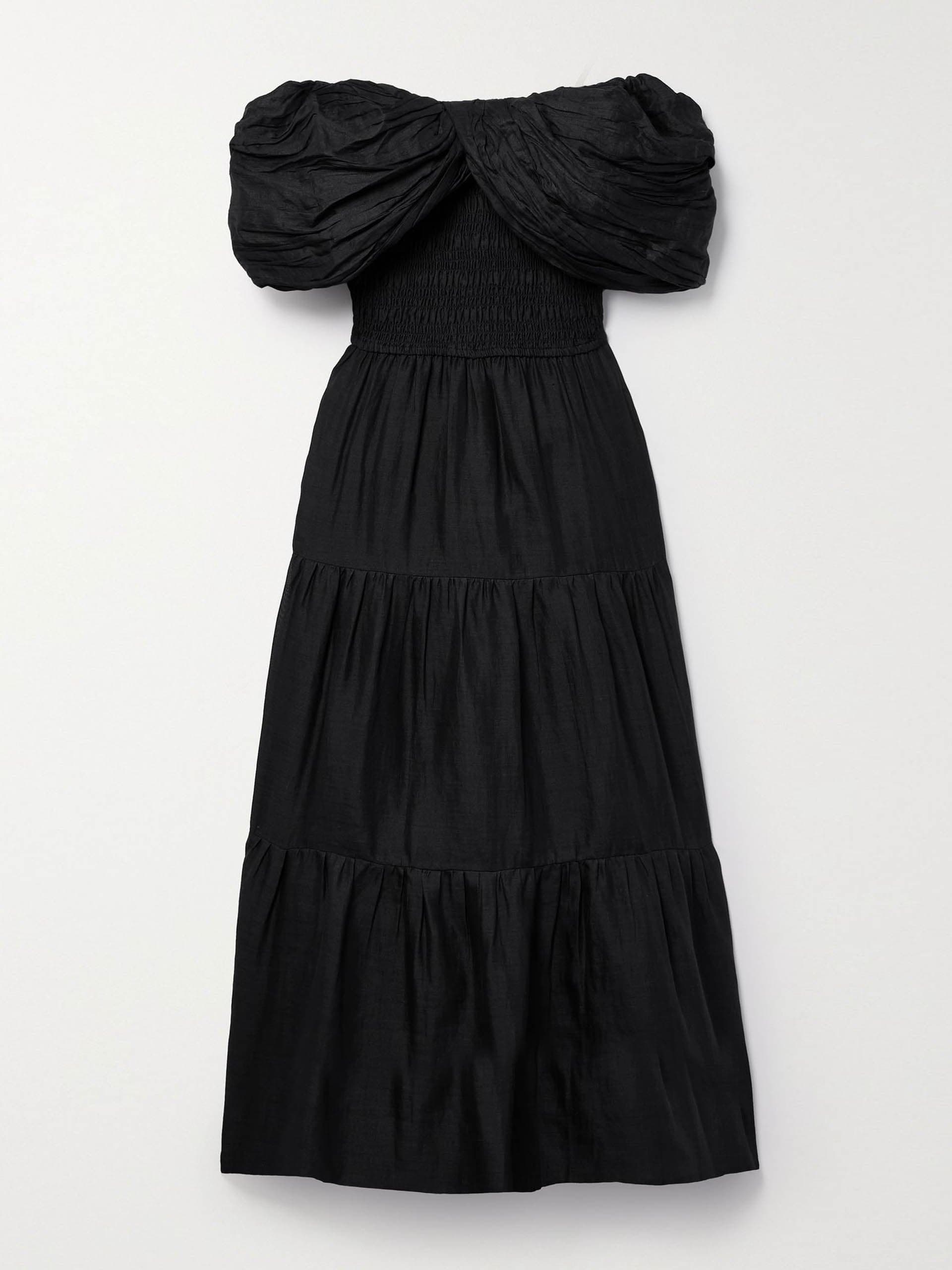 Black off-the-shoulder gathered ramie midi dress