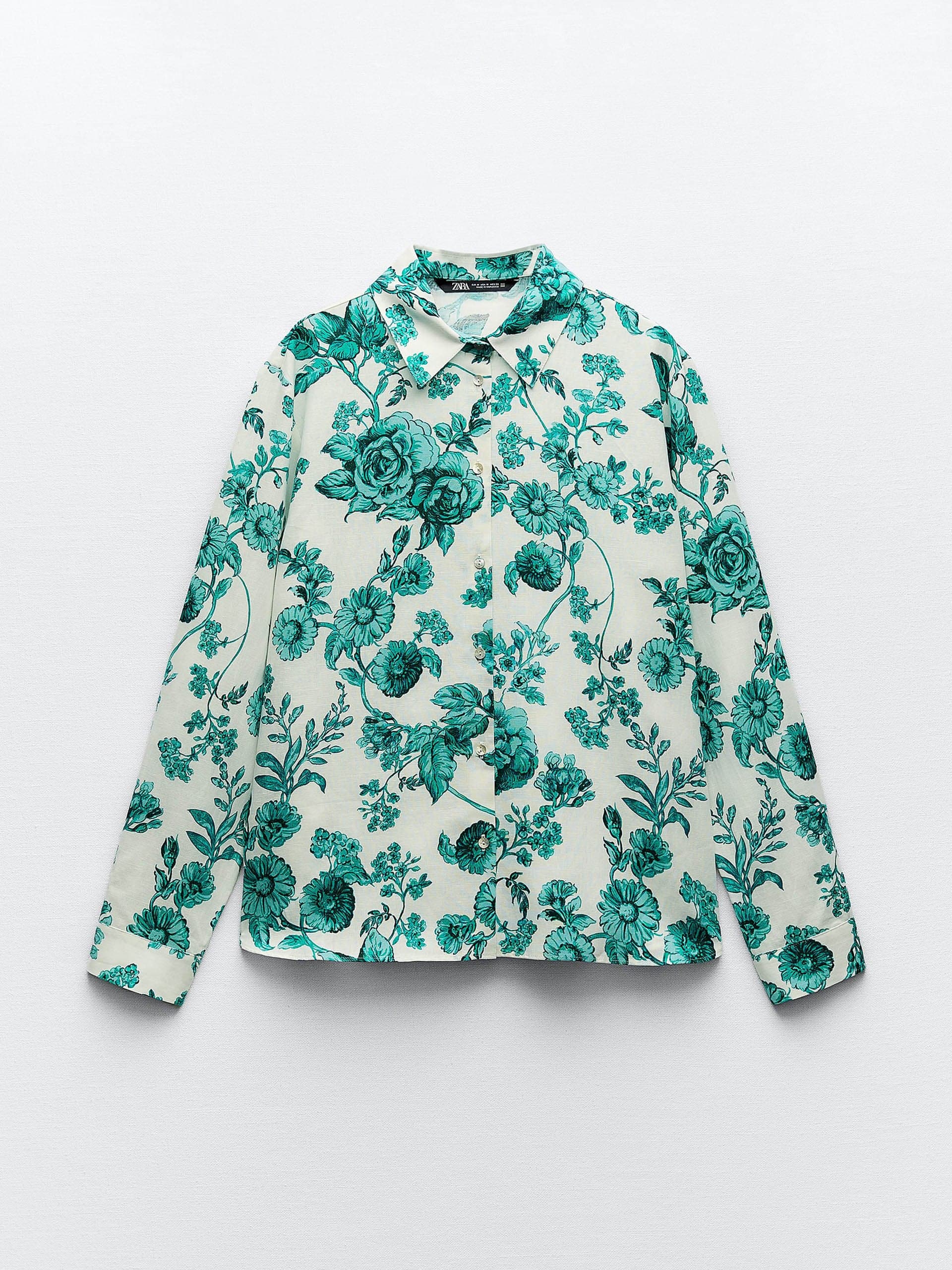 Green floral print linen blend shirt