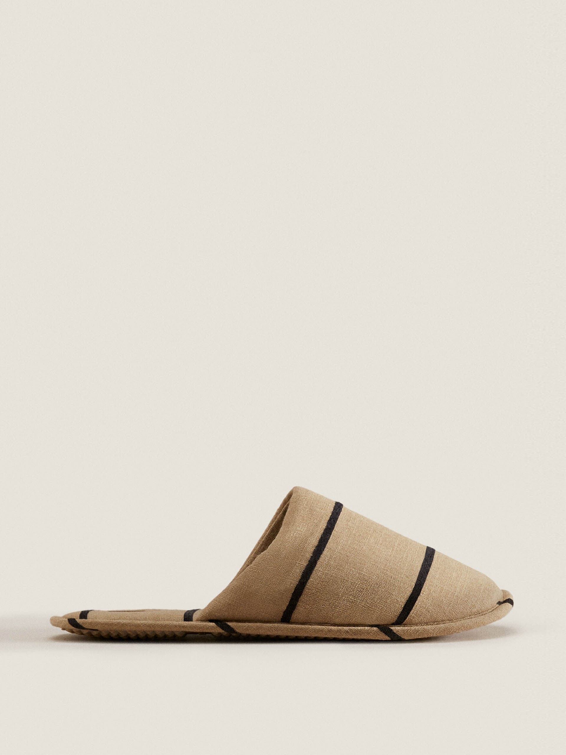 Taupe Grey striped linen fabric mules